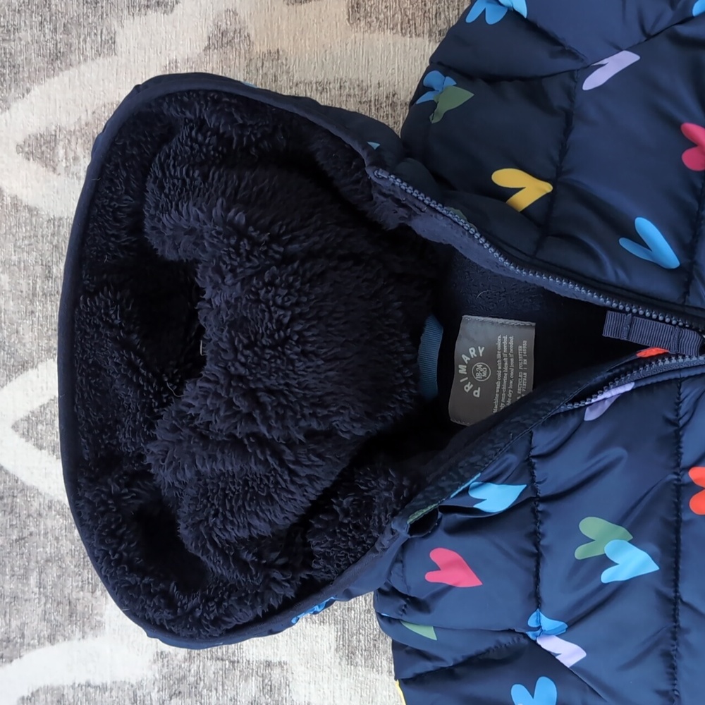 Primary Baby parka puffer suit - Navy Hearts In Size 18-24 Months - Picture 8 of 8